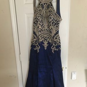 Floor Length Navy Blue And Gold Formal Dress